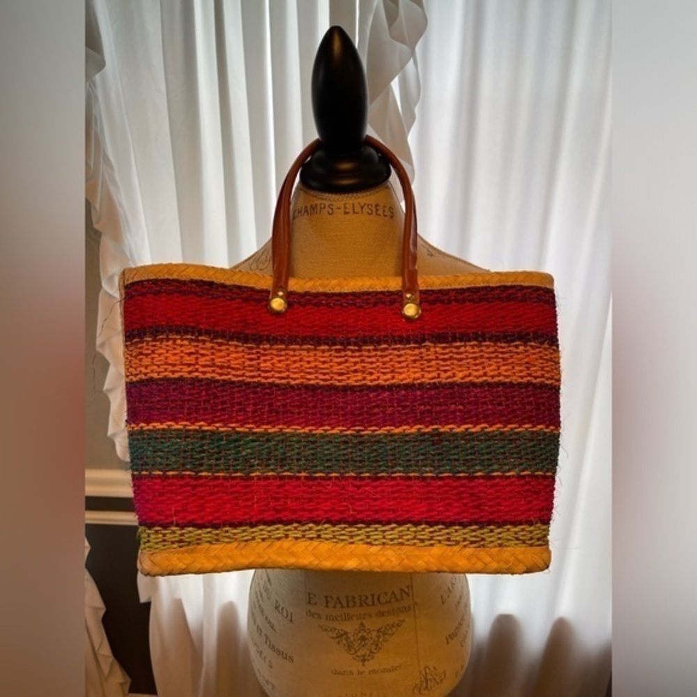 Straw Multi Colored Strip Beach Bag